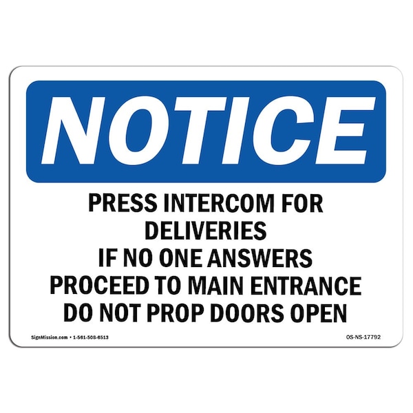 Safety Sign, OSHA Notice, 12" Height, Press Intercom For Deliveries If No One Sign, Landscape
